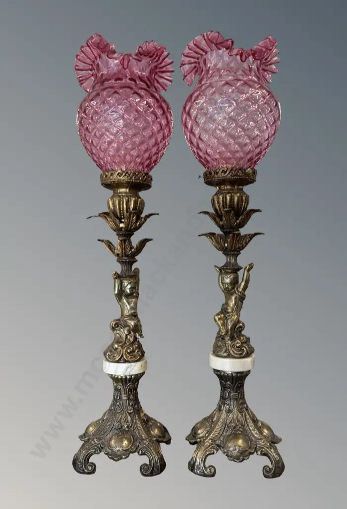 Pair of Metal Figural Lamps, Cherub and Leaf Design, with Pink Glass Diamond Pattern Fluted Shades, H70cm Image 1++