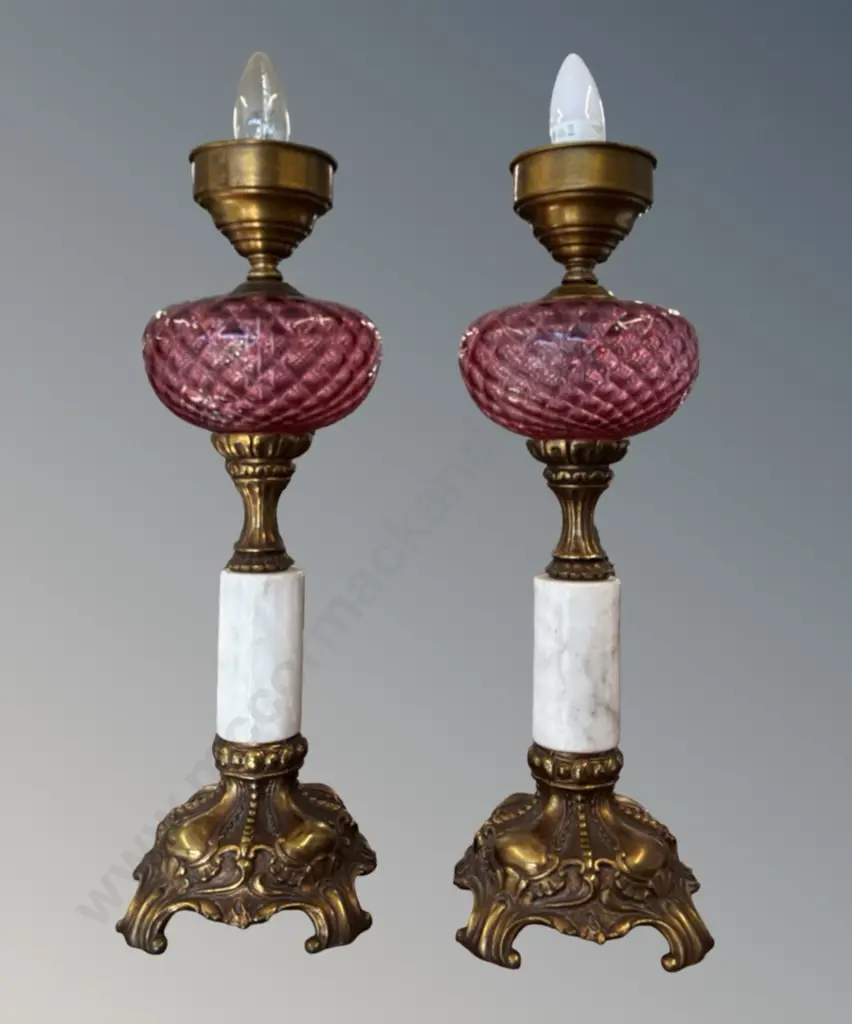 Pair of Cranberry Glass, Brass & Marble Column Lamps,H46cm Image 1++