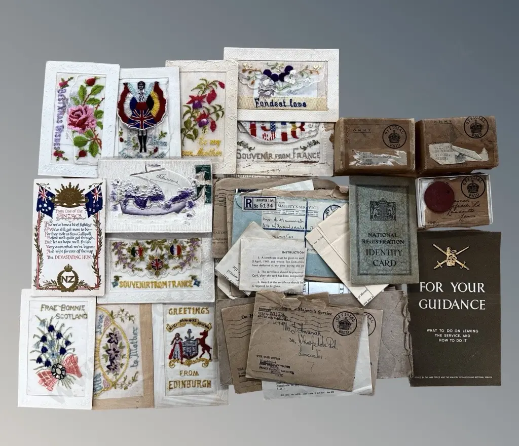 Collection of Embroidered Postcards, WWI & WWII era, War Office Mail, OHMS Boxes, For Your Guidance Booklet Image 1++