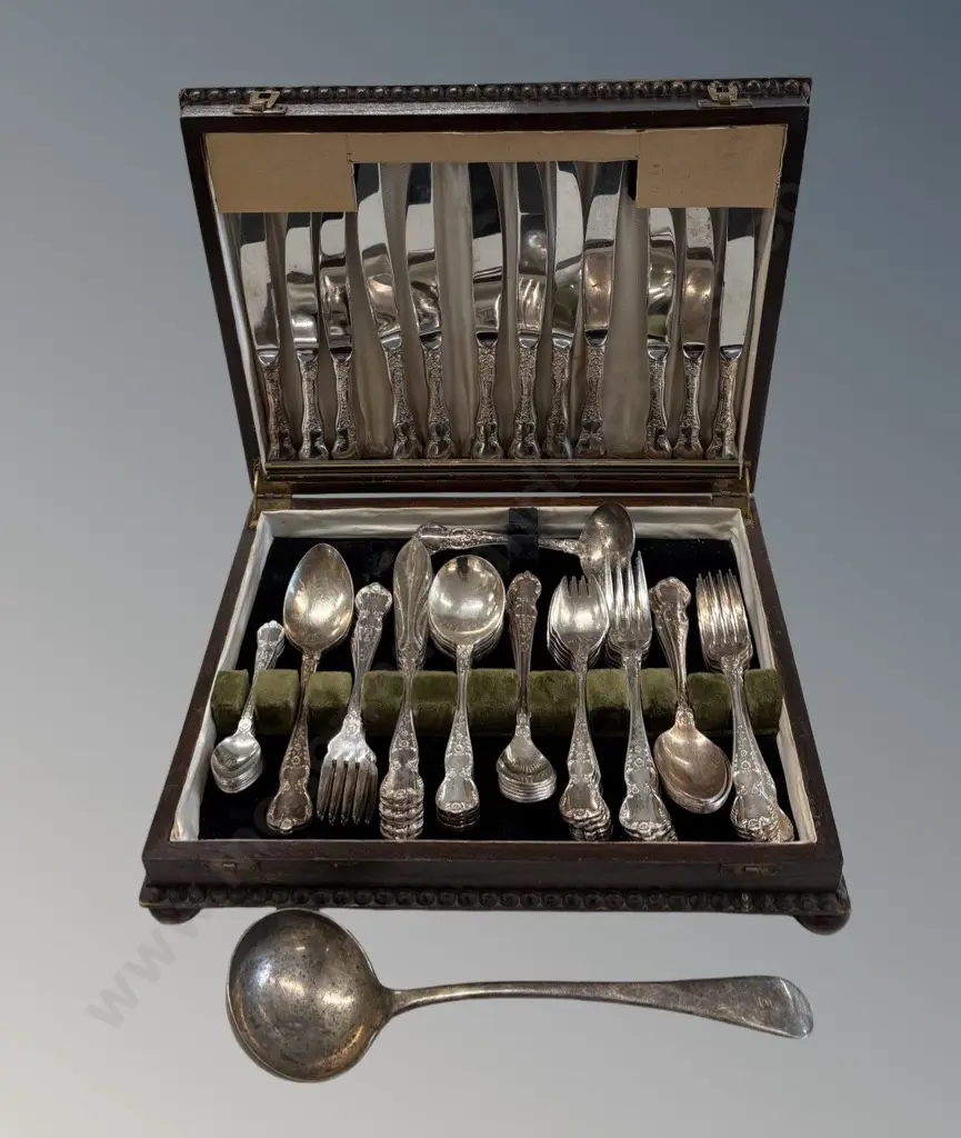 Six Place Setting Camille Rodd Cutlery in AF Canteen, with Walker & Hall Silver Soup Ladle Image 1++