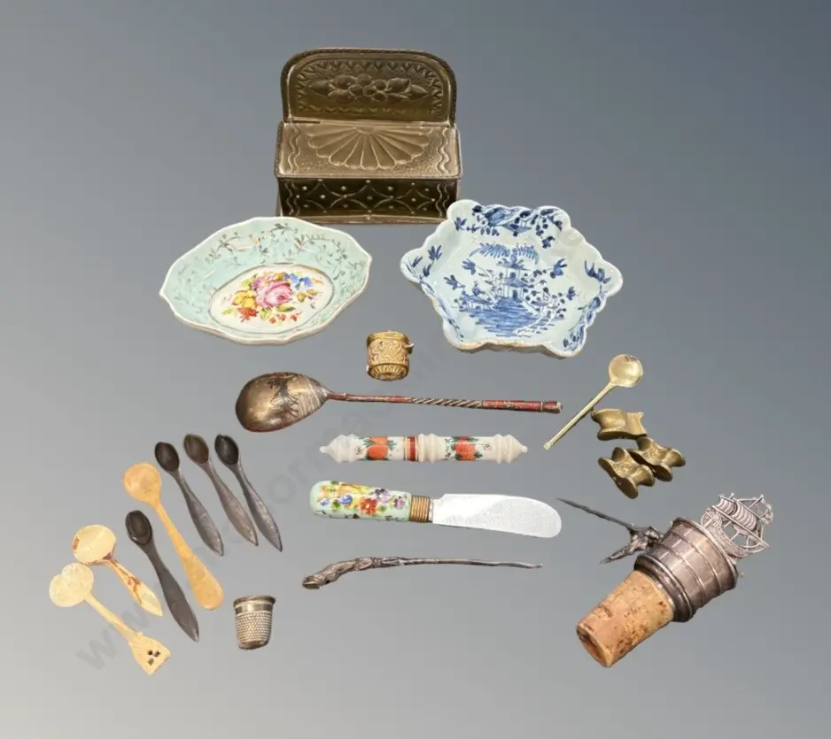 Limoges Dish, Blue & White Porcelain (AF), Spoons, Ship Bottle Stopper, Gilt Box, Brass Knuckle Bones, Porcelain Needle  Image 1++