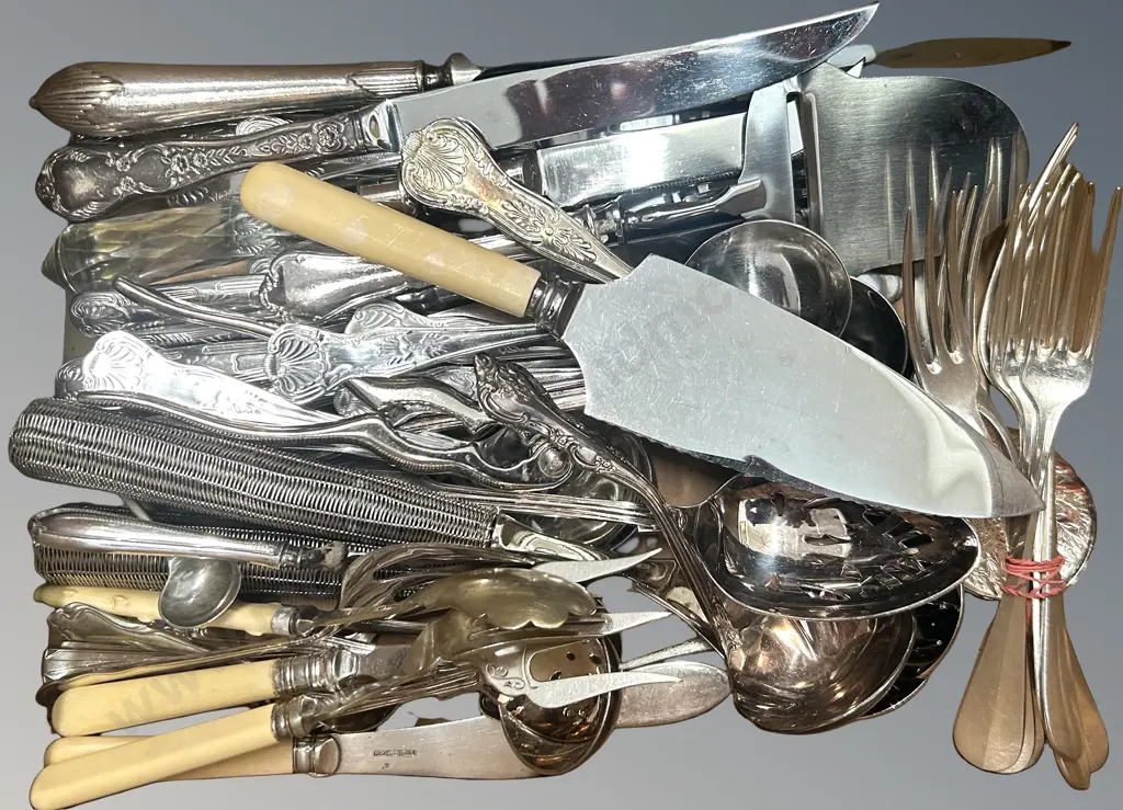 Collection of Silver Plated, Bone Handled and Stainless Steel Cutlery and Serving Utensils Image 1++