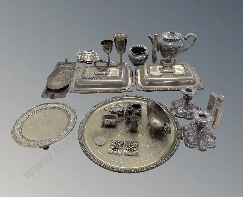 Collection of Silver Plated Serving Dishes, Candlesticks Teapot, Vases, Serving Trays, Cruet Set, Hip Flask,etc. Image 1++