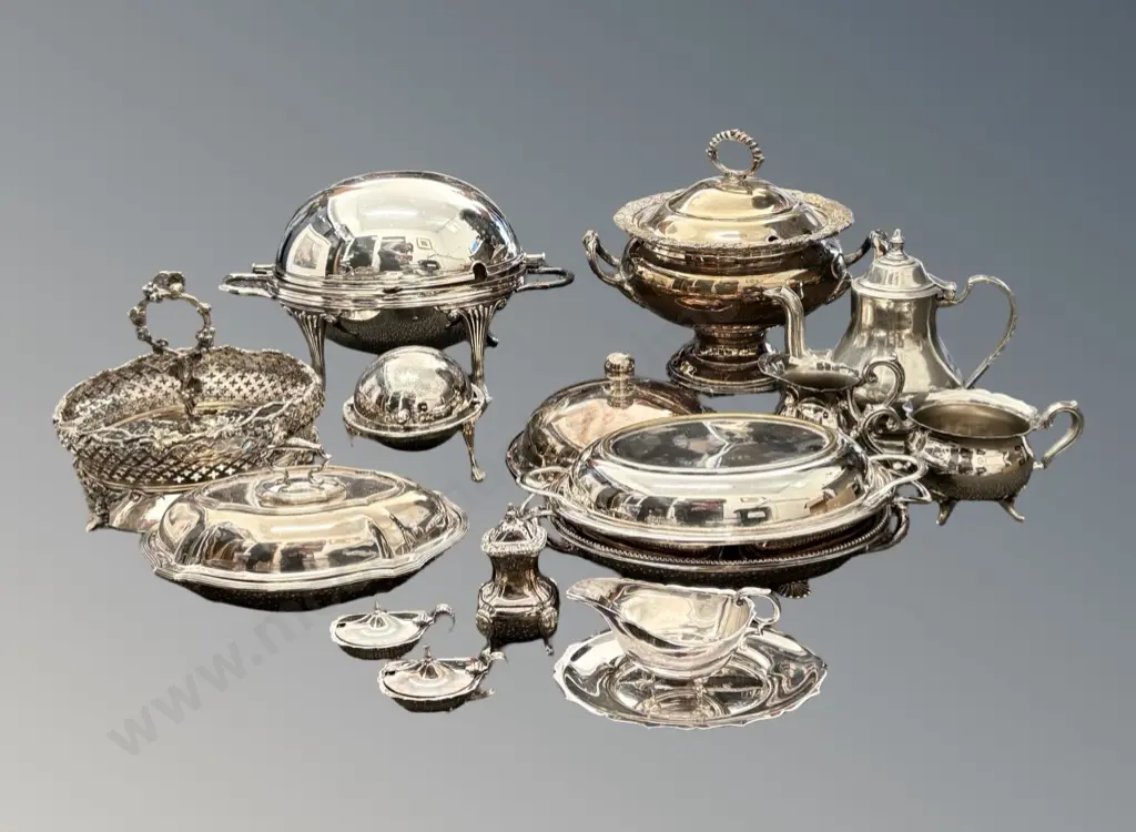 Assorted Silver Plated Serving Dishes, Mustard Pots, Gravy Boat, Domed, Pewter Teapot etc  Image 1++