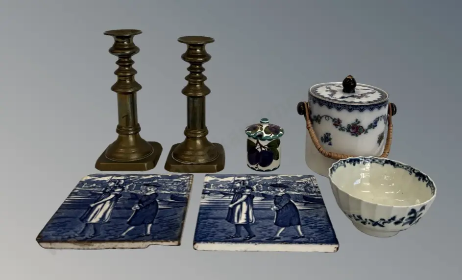 Pair of Brass Candlesticks, Porcelain Biscuit Barrel, Blue and White Fluted Bowl, Plum Condiment Jar & Two Dutch Tiles Image 1++
