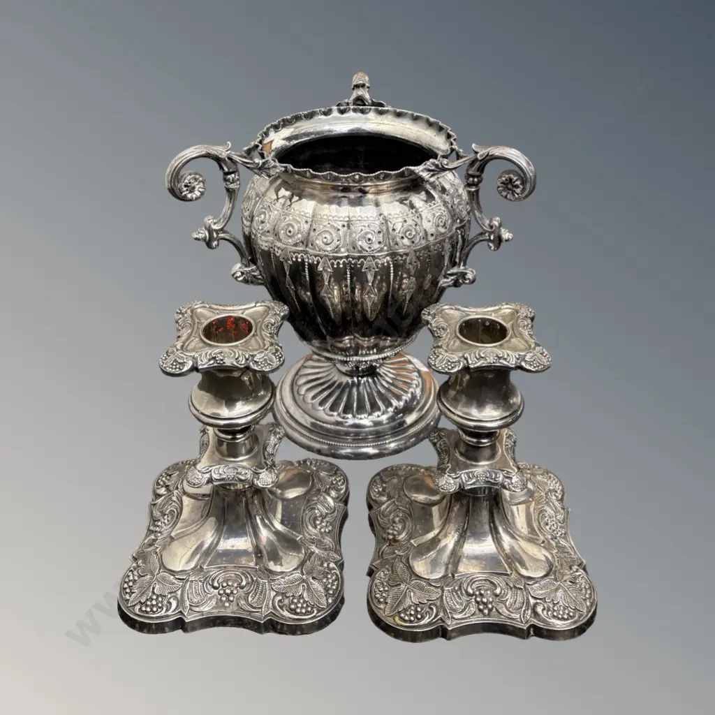 Pair of Silver Plated Candlesticks, H14cm and 3 Handled Trophy Vase, H20cm Image 1++