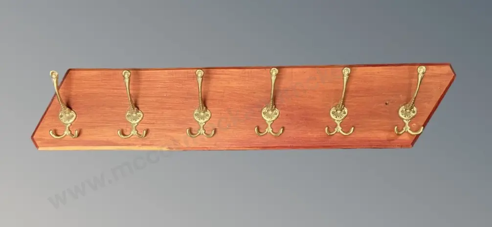 Six Mounted Brass Coat Hooks on Wooden Board L105xH20cm Image 1++