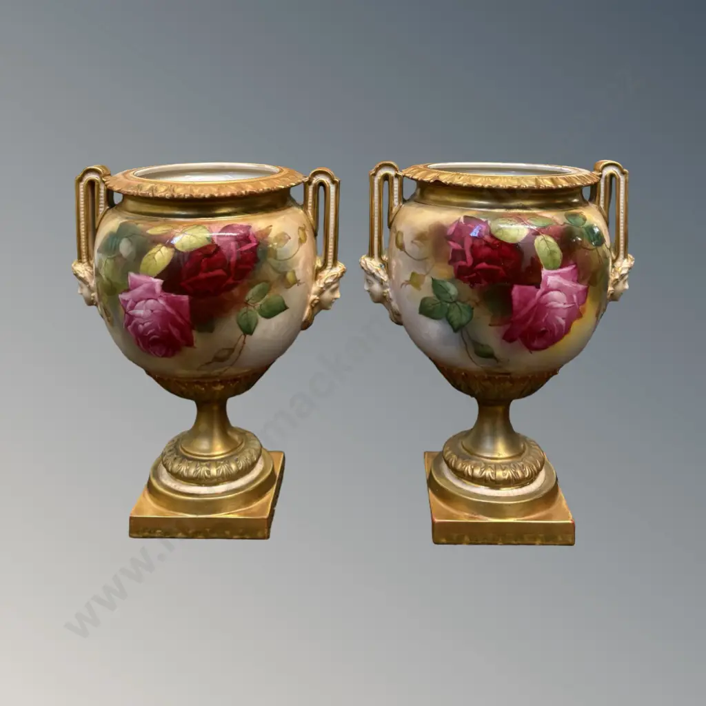 Pair of Royal Worcester Twin Handled Urns with Gilt and Rose Pattern, H16cm, 1 AF Image 1++