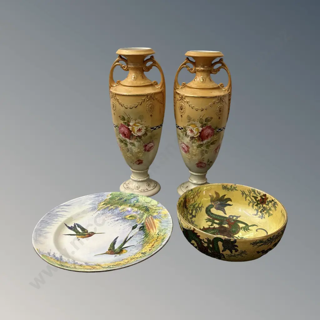 Pair of Victorian 2 Handled Vases, H34cm and Grimwades Bird Plate, signed H Boot, Dia26cm and Bersley Dragon Bowl Image 1++