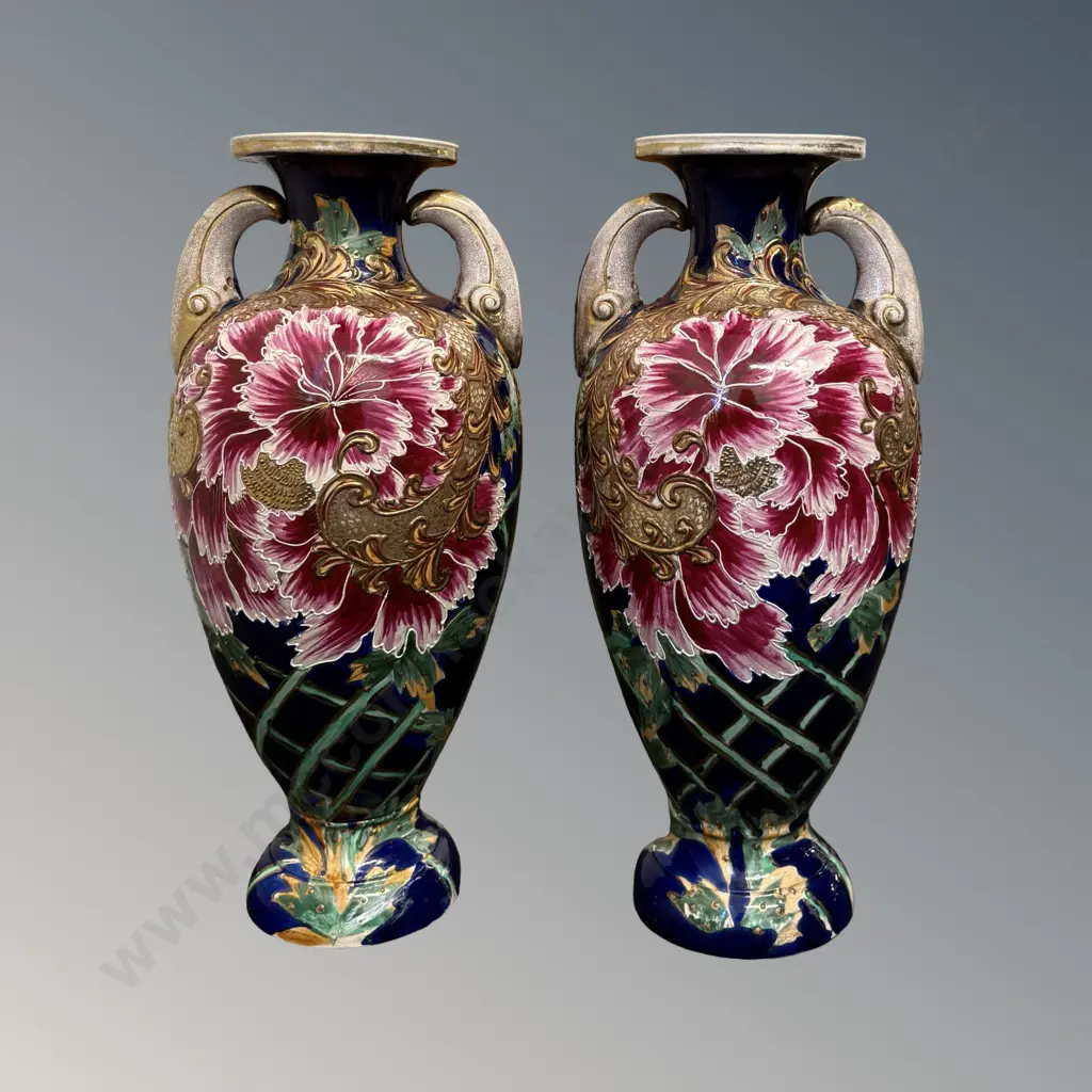 Pair of Ornate Twin Handled Porcelain Vases with Floral and Gilt Motifs, H46cm Image 1++