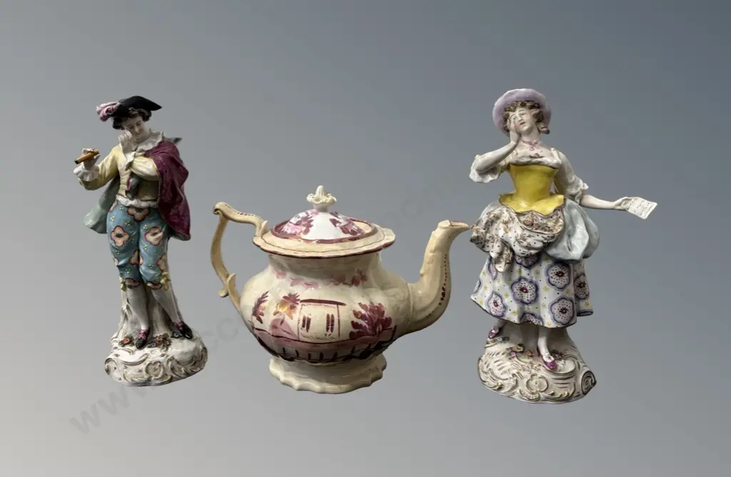 Two Porcelain Figures, H28cm, 1 AF and Teapot, AF Image 1++
