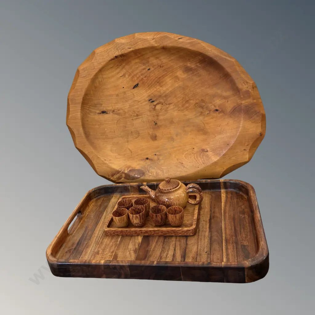 Two Wooden Serving Trays L46-57cm and Wooden Sake Set Image 1++