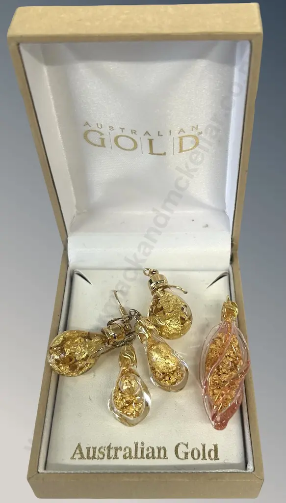 Gold Flakes and Crystal Earrings and Pendant Image 1++
