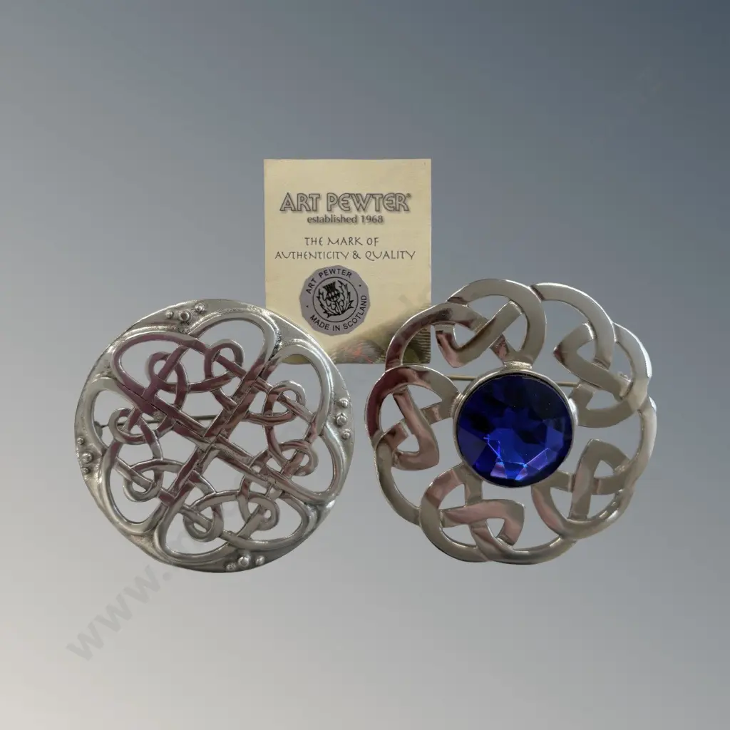 Two Art Pewter Celtic Brooches, made in Scotland D6.5cm & D7cm Image 1++