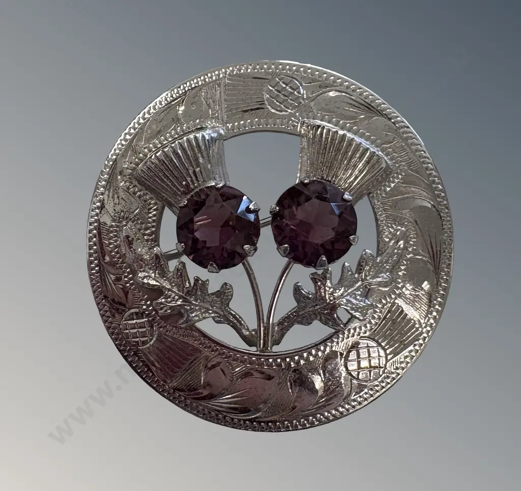 Sterling Silver and Amethyst Thistle Brooch L4.5cm Image 1++
