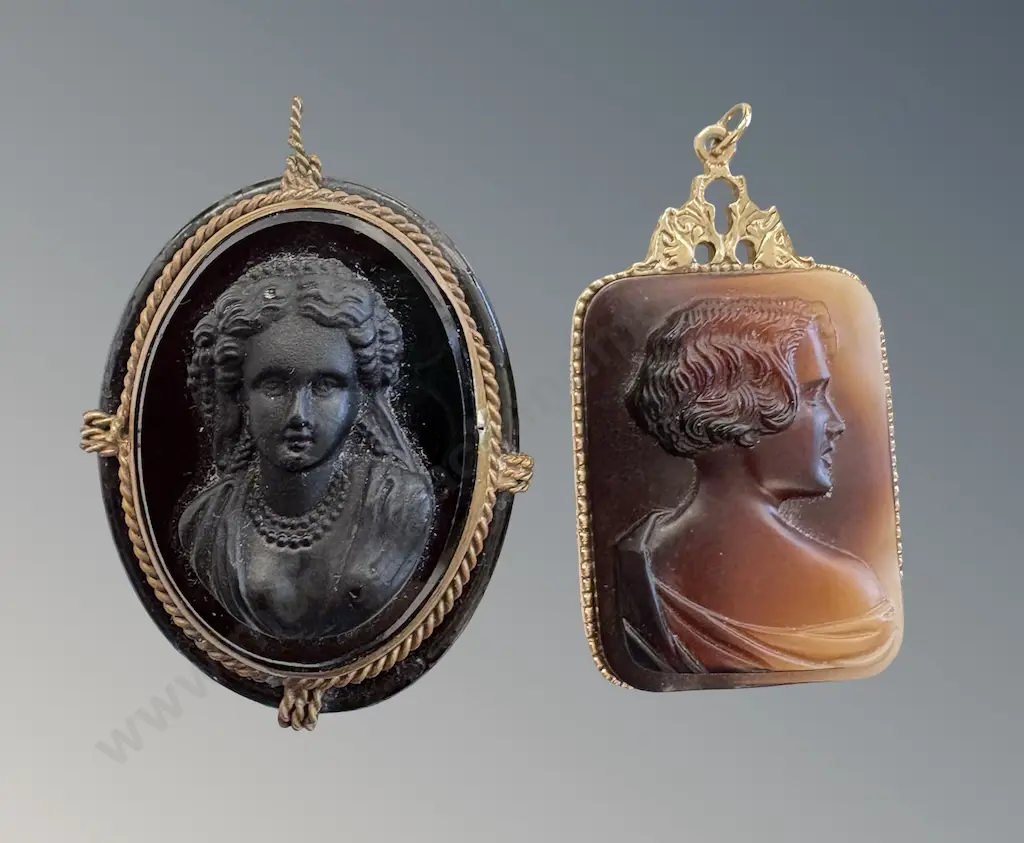 Two Gold Plated Cameos - Lava and Faux Tortoiseshell L4.5-5cm Image 1++