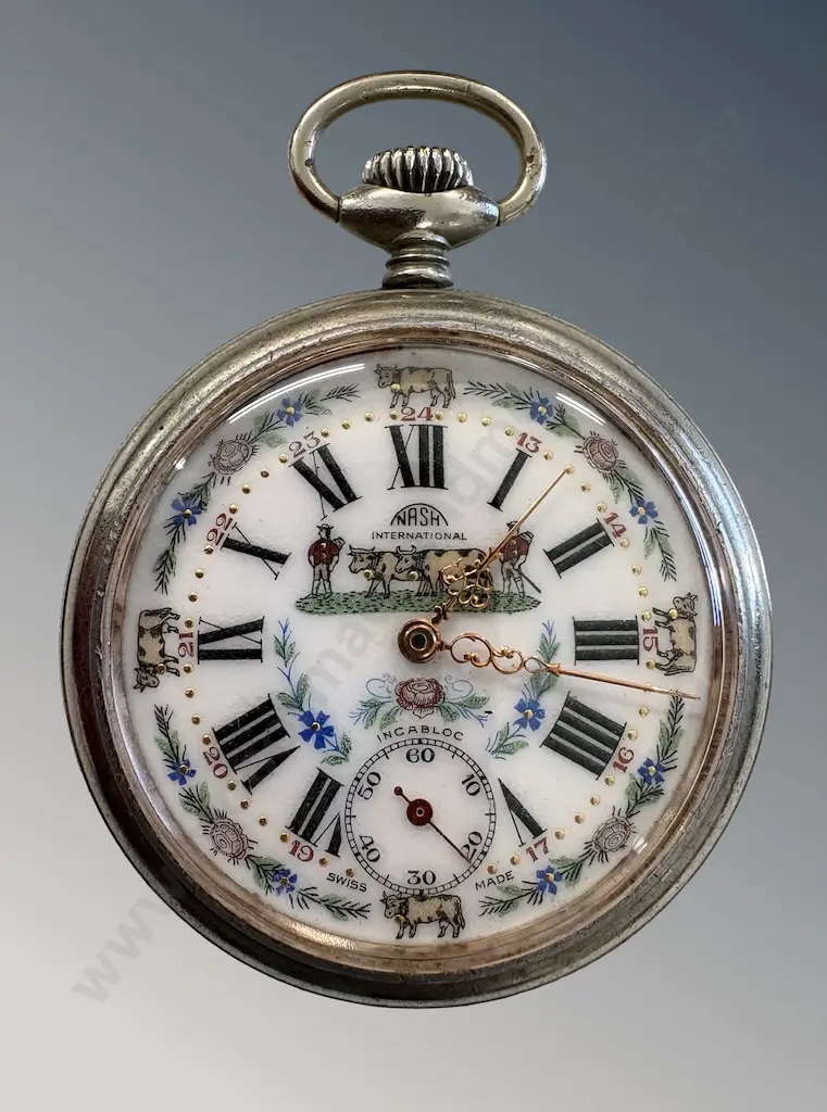 Nash International Silver Pocket Watch with Decorative Enamel Face featuring Cows and Engraved Milk Scene on Verso Image 1++