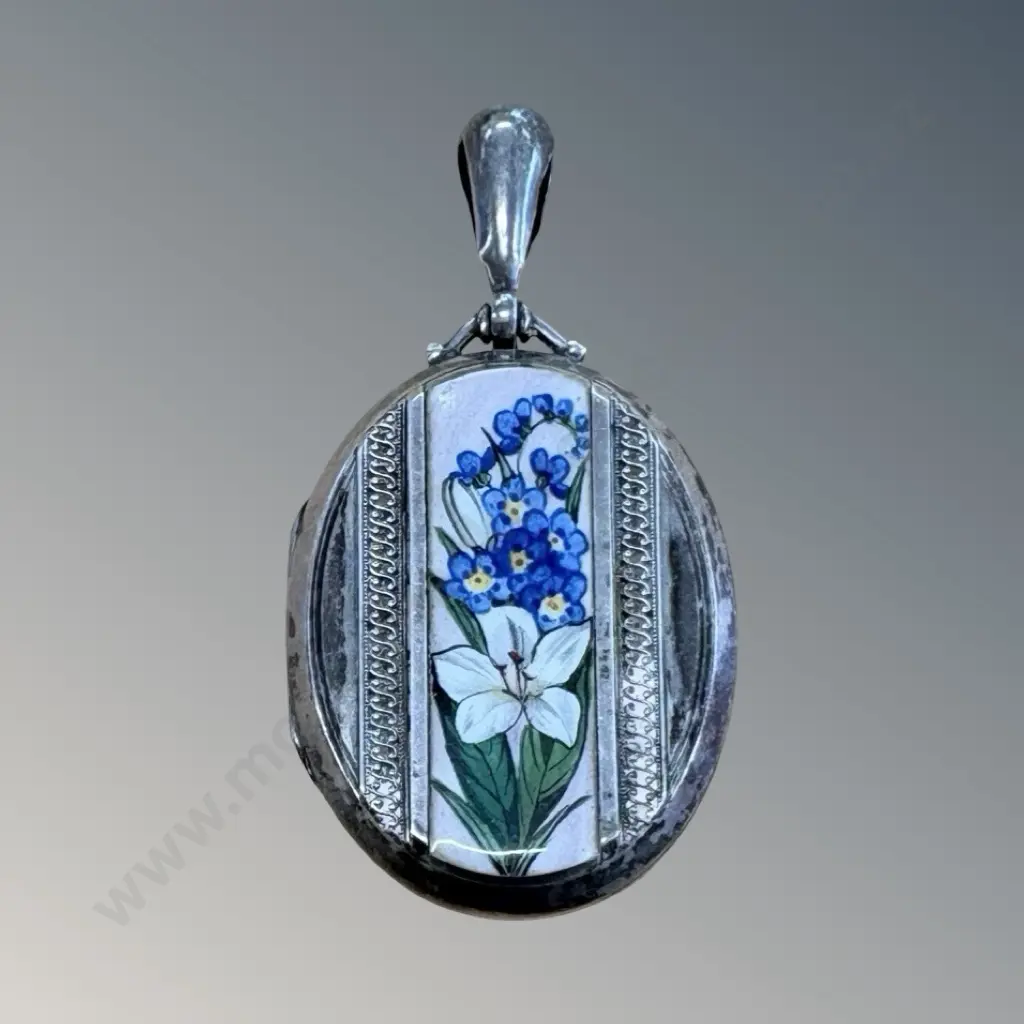 Sterling Silver Locket with Enamel  and Floral Inset, 6cm Image 1++