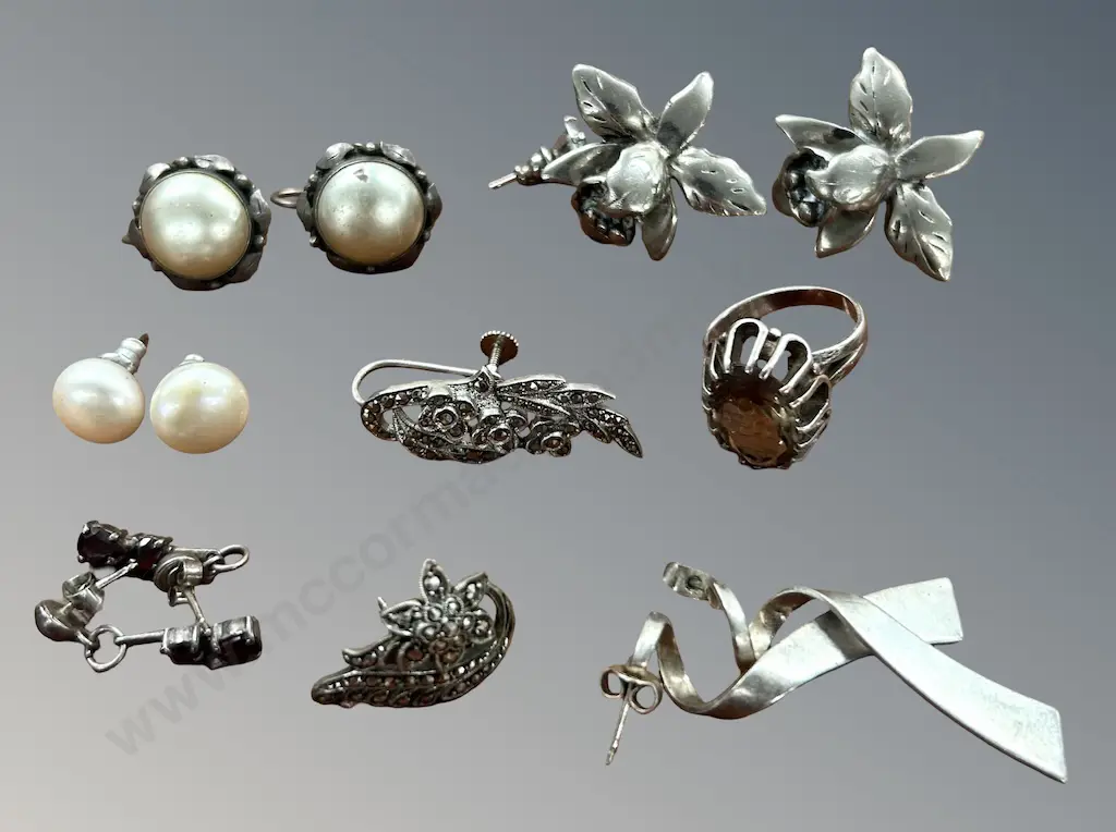Assorted Sterling Silver and Silver Earrings and Brooches Image 1++