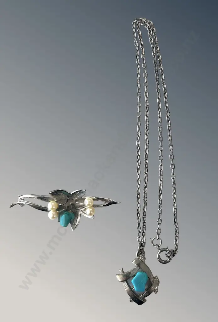 Sterling Silver, Turquoise and Pearl Brooch and Silver Chain and Turquoise Pendant Image 1++