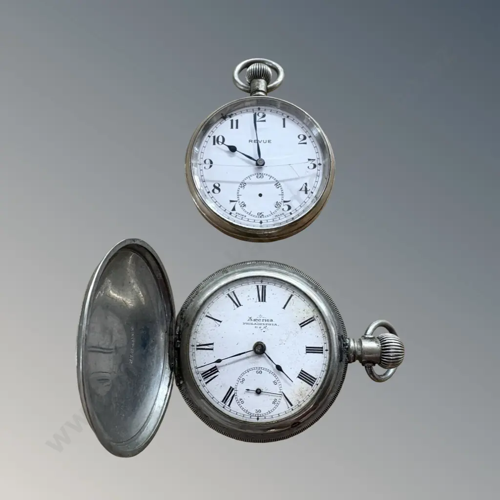 Silver Hunter Pocket Watch - America Philadelphia & Revue Silver Pocket Watch AF Glass Image 1++