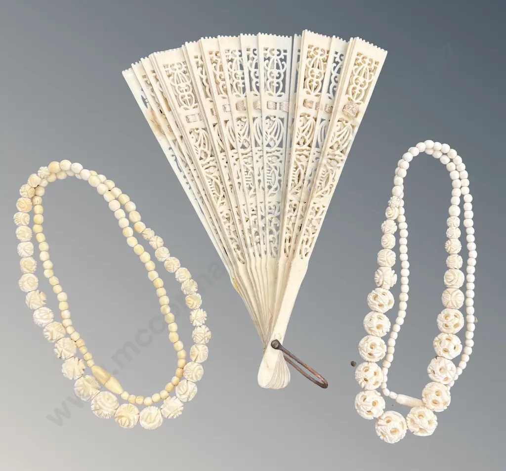 Ivory? Bead Necklaces (2) and Fan Image 1++