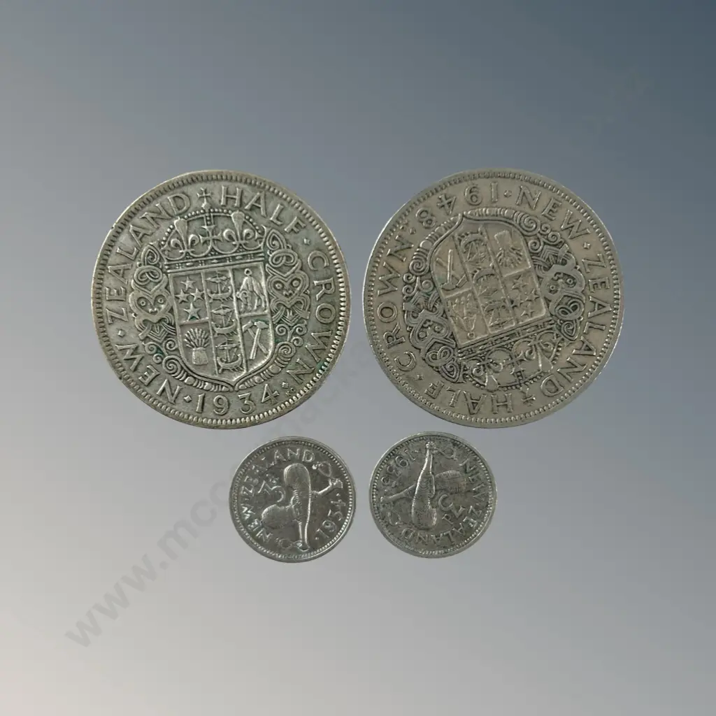 NZ Half Crowns (2) 1934, 1948, and 3d Coins (2) 1934, 1935 Image 1++
