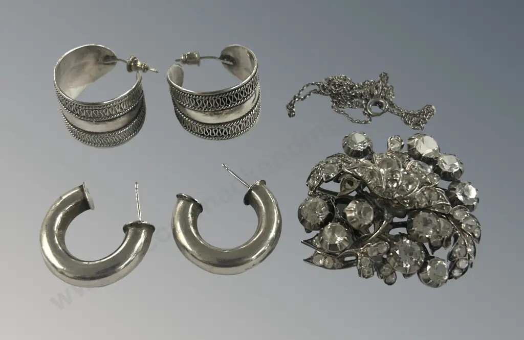 Two Pair of Sterling Silver Earrings, Chain and Paste Brooch Image 1++