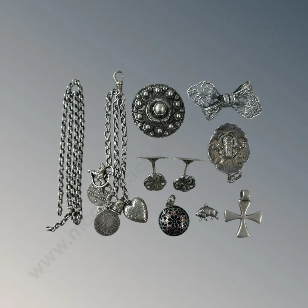 Silver Charms, Art Nouveau Pendant, Bow Brooch, Cufflinks, Chain, Brooch (missing pin) & Pendants Image 1++