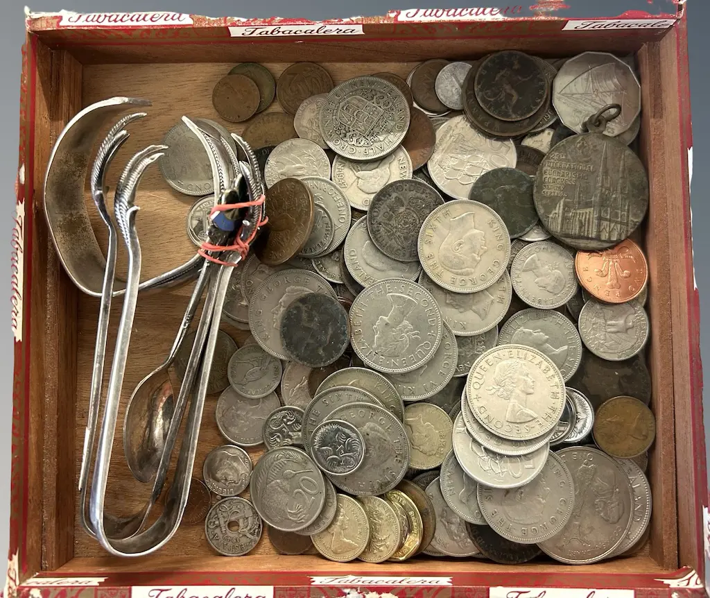 Wooden Cigar Box with NZ and International Coins, mix of Pre-Decimal and Decimal, incl. 29th International Eucharistic Image 1++