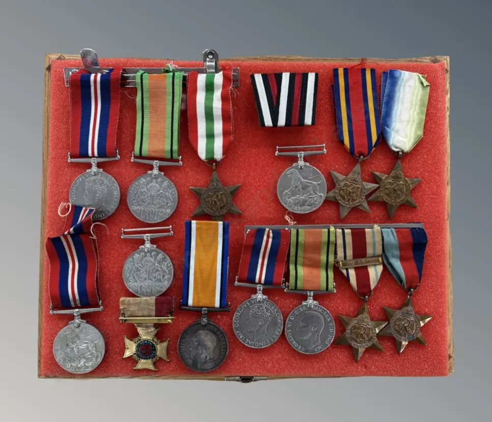 Oak and Glass Display Case with WWI & WWII Medals - Atlantic Stars, Defence, Victory etc Image 1++