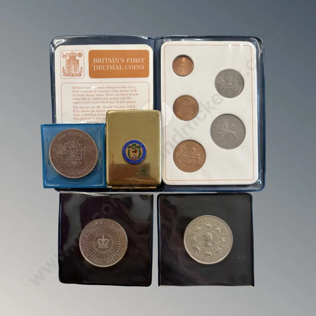 Commemorative Coins, British First Decimal Coins & NZ Centennial Brass Vesta Case Image 1++