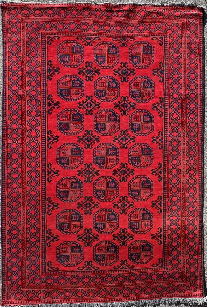Kargai Rug - Hand Knotted Afghanistan, Geometric Multiple Rosette, with Vine Border 300x200cm Image 1++