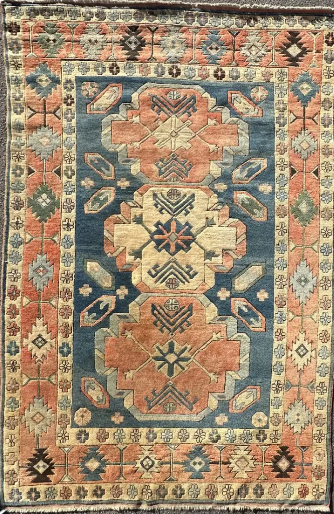 Konya Wool Rug, Hand Knotted Turkish Geometric Design of 3 Central Guls over Blue 290x200cm Image 1++