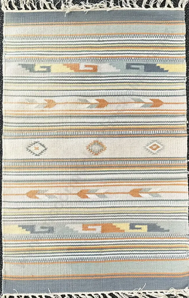 Indian Kilim Rug - Pale Blue, Cream and Ochre Tones, 94x45cm Image 1++