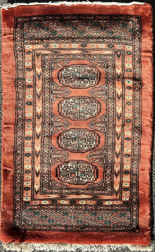 Mohri Rug - Handknotted Wool, Geometric design over red tones, 100x60cm Image 1++