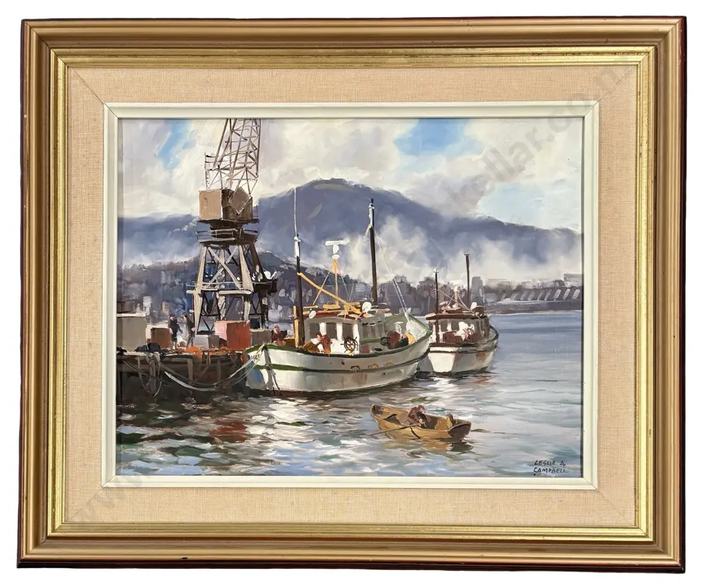 Leslie A Campbell - Fishing Boats at Wharf, oil on board, 330x440mm Image 1++