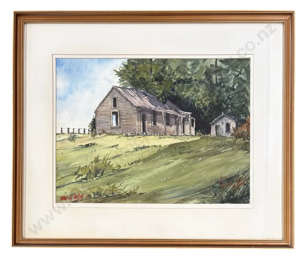 Peter G Leitch - Old Farm Buildings, Taihape, 1981,  watercolour on paper, 290x390mm Image 1++