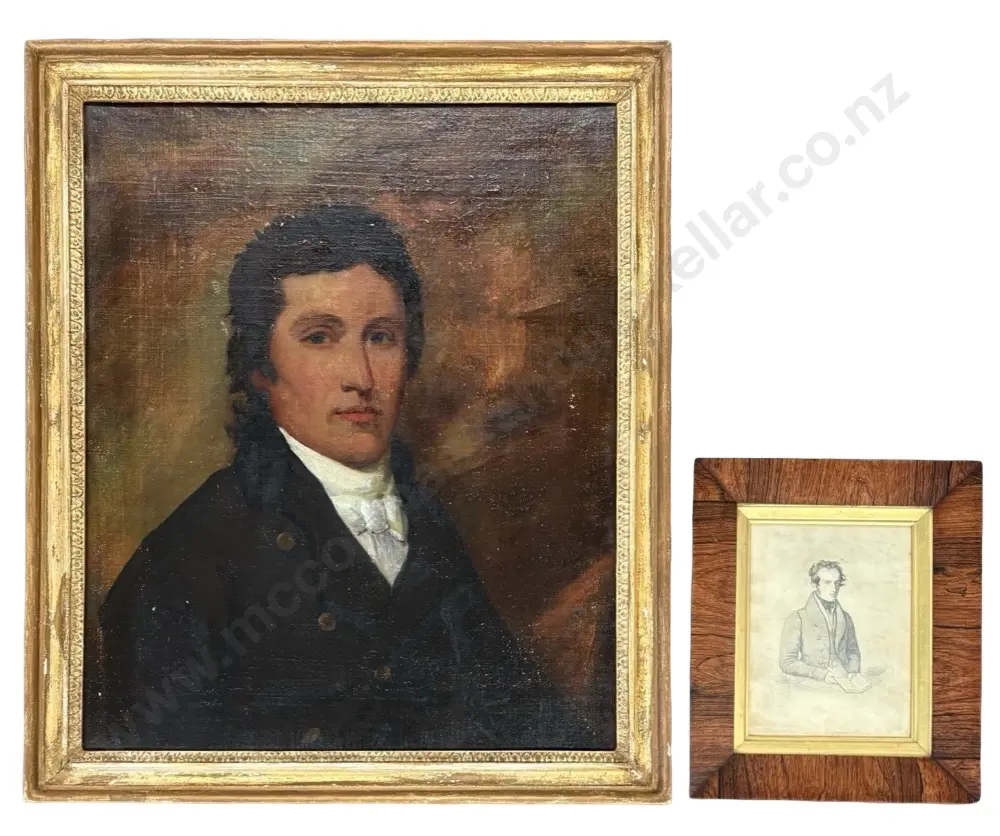Unsigned - Portrait, oil on canvas, AF (restored) 600x495mm and P Bull Portrait, 1830, graphite, 200x150mm Image 1++