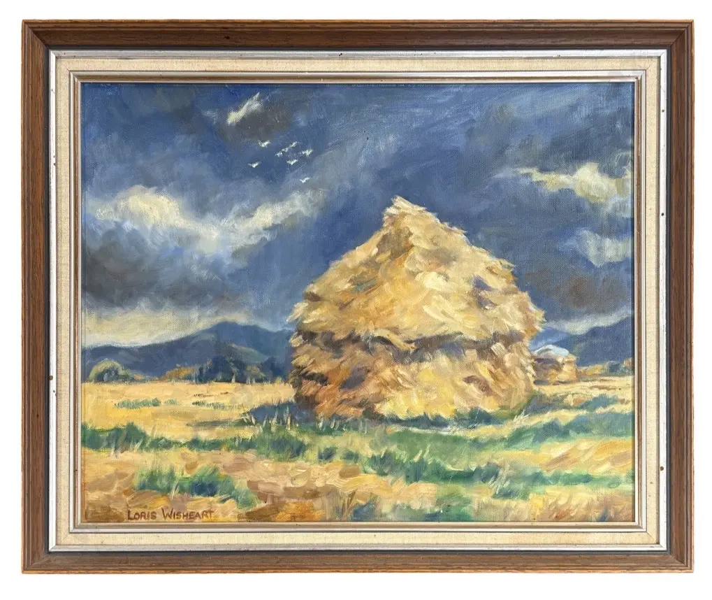 Loris Wisheart - Hay Stacks at Rapaura, oil on board, 390x490mm Image 1++