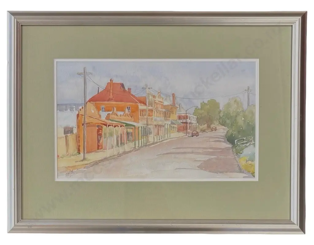 Initialed AMM - Street Scene, watercolour on paper, 250x430mm Image 1++