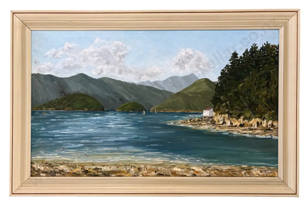 E N Fowke - Sunshine Bay, Queen Charlotte Sound, oil on board,  340x590mm Image 1++