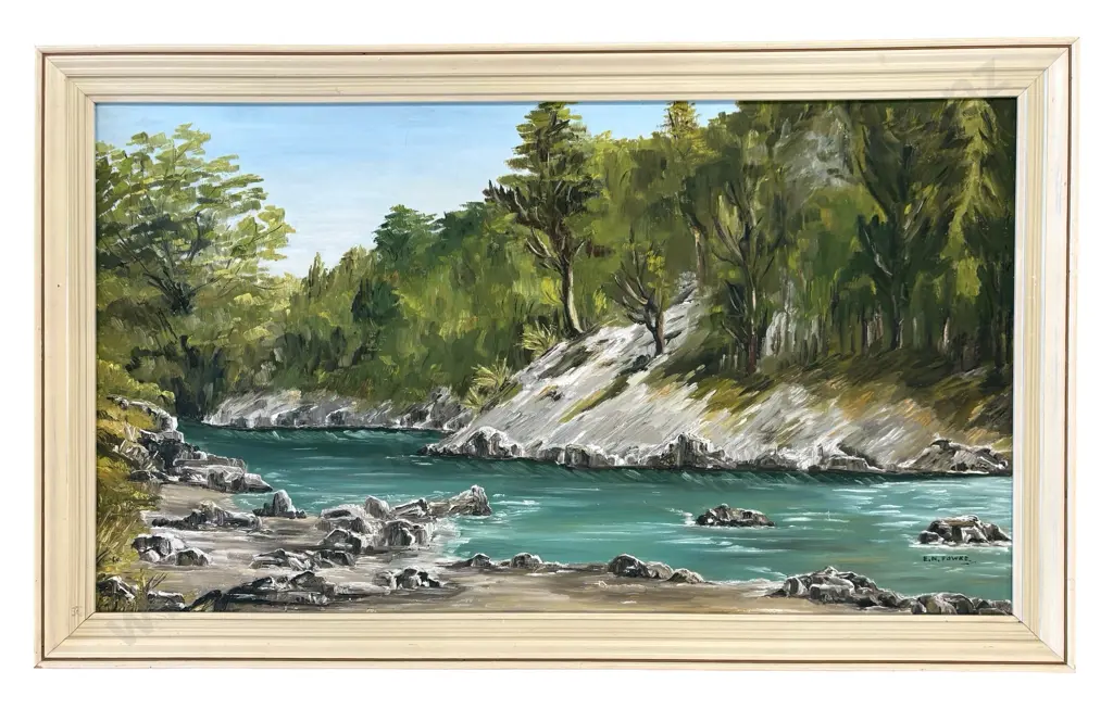 E N Fowke - Wakamarina River at Pinedale, oil on board,  320x570mm Image 1++