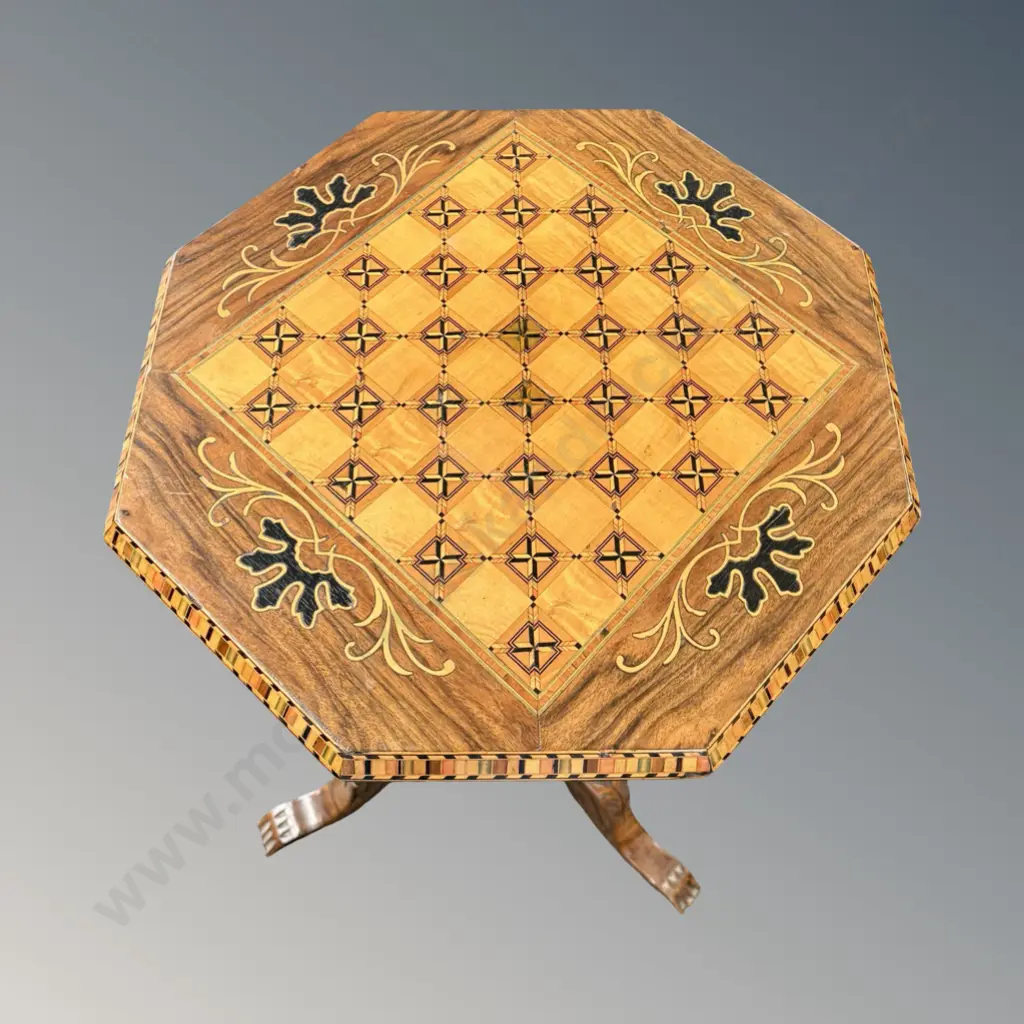 Multi Wood Octagonal Sewing Table with Parquetry Chess Board Top on 3 Point Base, H75cm, Dia45cm Image 1++
