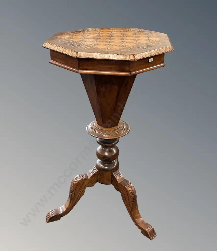 Multi Wood Octagonal Sewing Table with Parquetry Chess Board Top on 3 Point Base, H75cm, Dia45cm Image 1++