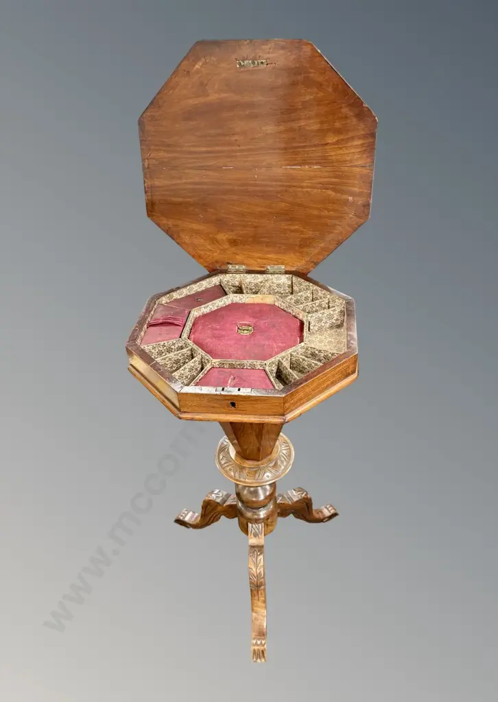 Multi Wood Octagonal Sewing Table with Parquetry Chess Board Top on 3 Point Base, H75cm, Dia45cm Image 1++