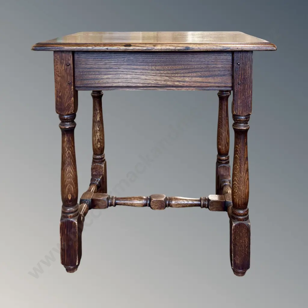 Oak and Elm Side Table with Turned Legs and Stretcher Base, H59xL56xD46cm Image 1++