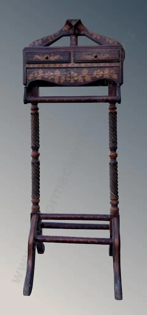 Fruitwood Inlaid Gentleman's Valet Stand with Ornate Floral Design, AF drawer, H121xW52cm Image 1++