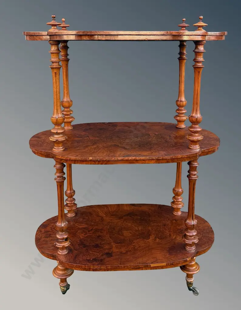 Burr Walnut 3 Tiered Stand with Turned Columns and Brass Castors, H100xW42xL69.5cm Image 1++