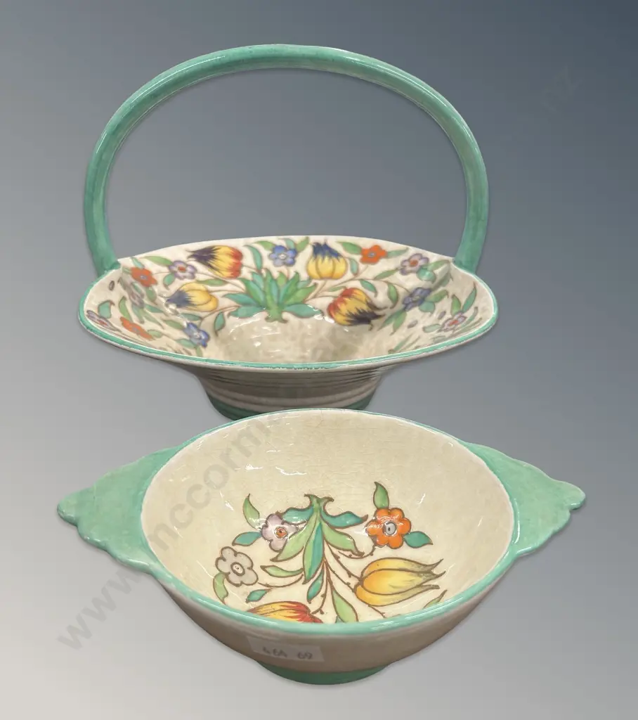 Charlotte Rhead Bursley Ware Handled Bonbon Dish and Bowl, Dia23 and 12cm Image 1++